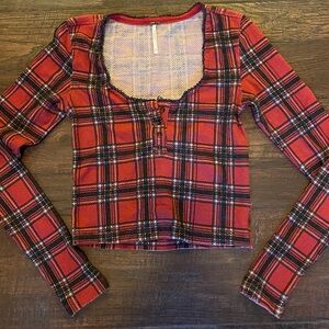Free People Fitted Henley Plaid Crop Top